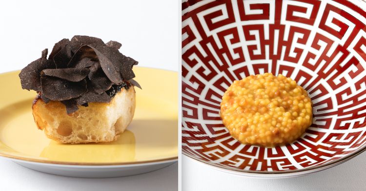 Focaccia Tatin (a sinistra)
La «focaccia che vuole diventare tatin» allarga il registro dei celebri piatti metamorfici della Francescana con questa focaccia di Michele Di Già, ormai da tempo il fornaio di casa, viene cotta come una classica tatin (ma di focaccia, appunto, non di pasta sfoglia). Sopra, pesche, spugnole, tartufo nero, timo.
Fregula (a destra)
L’assaggio più ardito di tutto il menu conduce a una passeggiata in un mercato di Beirut o Marrakesh. È una fregola – in pratica un cous cous con la grana più grossa – fatta non con la semola ma con una farina di ceci. Tra il dolce, il sapido e il floreale di melanzane all’uvetta, rose o zafferano prevale l’aspro del limone.
Buongiorno Sicilia (non in foto)
Non c’è menu della Francescana che non esprima il grande amore di Bottura per la Sicilia: il pre-dessert (non fotografato per distrazione dell'autore) è una granita di latte di mandorle amare di Noto con limone candito, bergamotto confit, cioccolato di Modica, polvere di scorza di limone e capperi di Pantelleria nature. Un meraviglioso up and down di sapori speziati, freschi, puliti
