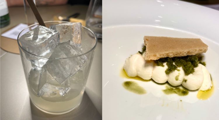 Ultimo passaggio: Vodka sour di scuola tradizionale e Namelaka cioccolato bianco Valrhona con acetosa. Serino non è tipo da dolci-dolci zuccherosi. Per questo chiude il suo percorso con un dolce-non dolce che mette assieme una Namelaka di cioccolato bianco con della granita di sorrel, acetosa, ingrediente feticcio dei nuovi nordici. Completa il quadro dell'olio di Centonze e del sale Maldon e una cialda eterea di riso e cardamomo
