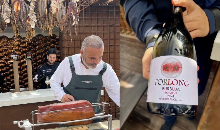 Prosciutto di mare
E' Angel Leon ad accogliere, affettando non del jamon iberico ma della ventresca di tonno stagionata, servita alla maniera di un insaccato. L'abbinamento vini ha inizio con una bollicina selezionata dalla sommelier Cristina Navarro. I maridaje di vini sono 3: NoLo (190 euro), Albariza (220 euro) e Diatomeas (350 euro)