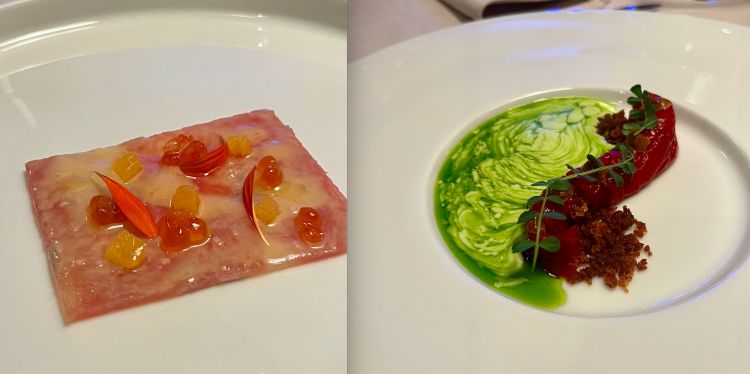 Due entrée del ristorante Magellan: Carpaccio di tonno rosso marmorizzato con carpaccio di trota affumicata, glassa di mandarino e dashi e chips di riso e Peperone rosso grigliato, crema fredda di Sjenica (formaggio da latte di pecora), aglio fermentato e olio al prezzemolo
