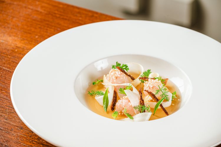 Scampi, foie gras, limone e menta