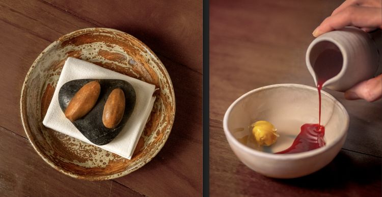 Gelato di perah (Elateriospermum tapos), bidara (giuggiolo indiano) e castagna tropicale (Pachira aquatica). A destra, Gelatina di cocco, gelso e bambangan