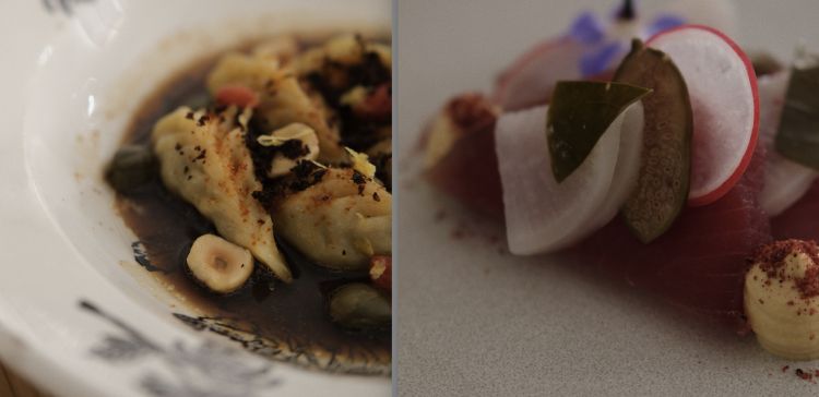 Ravioli vegetali, cipollotto e limone e Tonno, crema di cozze, verdure ermentate, frutti di cappero (Caporale)