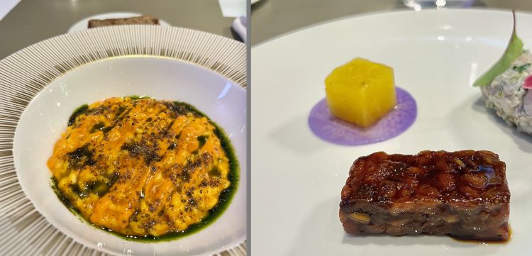 A sinistra, Ode al pomodoro, il risotto vegano mantecato con emulsione di pomodoro datterino, olio al basilico e cappero di Edoardo Traverso. A destra, La forma del desiderio di Sauro Ricci: tempeh artigianale arrostito e glassato con saba, melanzana al vapore e pico de gallo