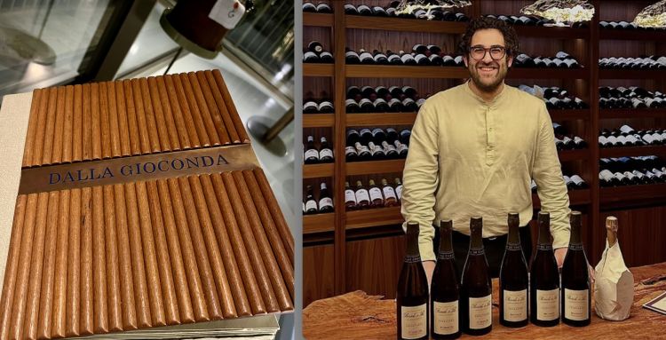 La monumentale carta dei vini (grandi bollicine da ogni dove e una selezione di grande profondità di annata sui marchigiani) e il sommelier Nicholas Bratti