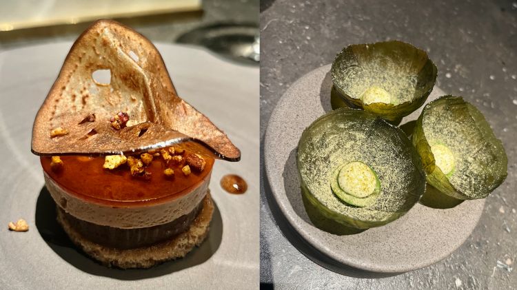 Aubergine and Lettuce
To the left, aubergine with pecans, cider vinegar and liquorice salt, another Coda classic. To the right, a small ethereal shell of candied lettuce with cream cheese and gherkin powder