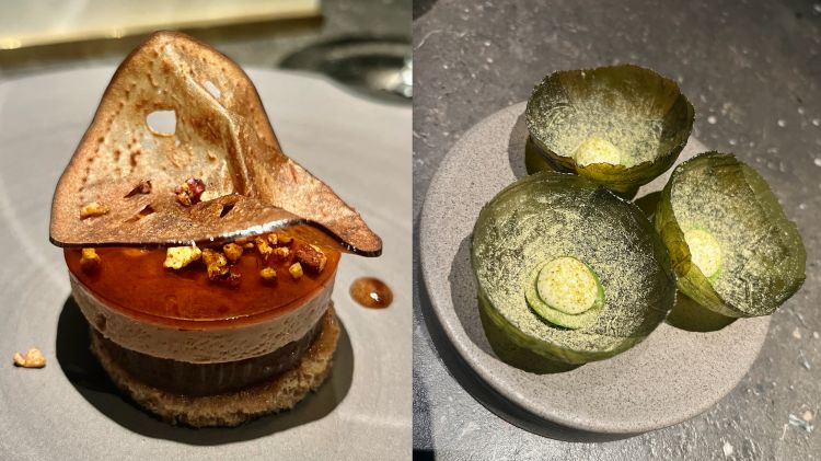 Aubergine and Lettuce
To the left, aubergine with pecans, cider vinegar and liquorice salt, another Coda classic. To the right, a small ethereal shell of candied lettuce with cream cheese and gherkin powder
