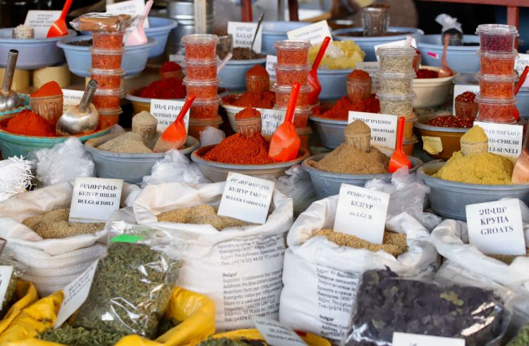 Various spices at Gum Market in Yerevan. Among the most popular in Armenian homes: black pepper and paprika, used in all sorts of food. Juniper berries and bay leaves are also very popular
