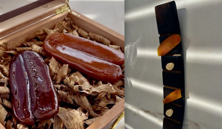 Bottarga di muggine
La bottarga, di muggine e cefalo, stagionate anche nelle doghe dello sherry, è prima esibita all'interno di uno scrigno, come fossero gioielli, e poi servita in piccole quantità (a destra)