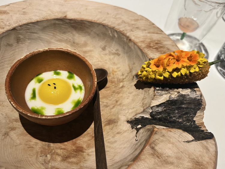 Gelato di latticello al curry, pepe in salamoia, ancora dal Deserto del Thar. C'è la pungenza del pickling ma anche un invitante dolcezza speziata e complessa