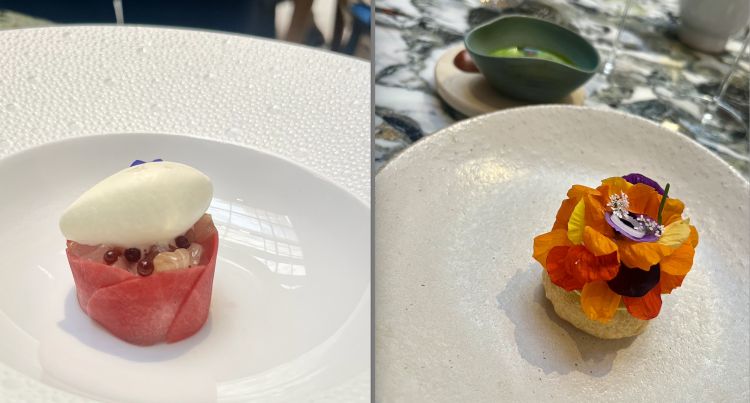 A sinistra, Kanpachi (ricciola) dry aged in alga kombu, nopal (opuntia), aguachile di crocifere , con sopra gelato al rafano in un involucro di ravanelli anguria pickled.

A destram, Gordita di yuca  e formaggio stagionato di Ocosingo (Chiapas), ripieno di chicharron di wagyu con formiche chicatana, suero costeño (latte fermentato, acido) e salsa mojo di melissa
