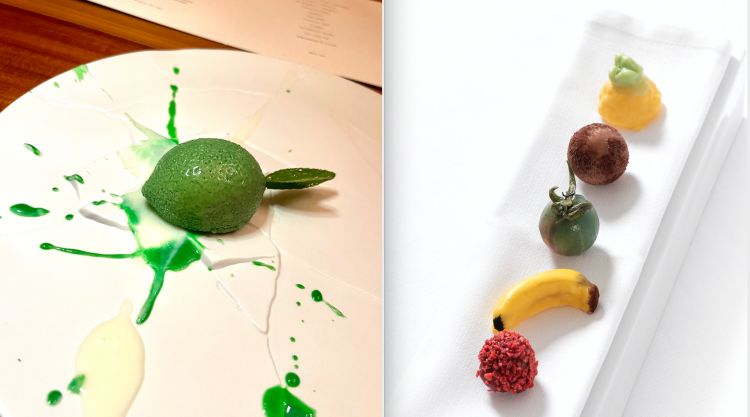 Key Lime Pie
Un quasi-semifreddo che esplora la torta simbolo della Florida e Miami: la buccia verde è di cioccolato bianco alla verbena e contiene una marmellata di lime aromatizzata ancora alla verbena, con una mousse di robiola.

Macedonia di frutta
La piccola pasticceria recluta in fila, dal basso in alto, Lampone e peperone, Banana con gelée chateau d’yqem, cocco e passion fruit, pomodoro e fragola
