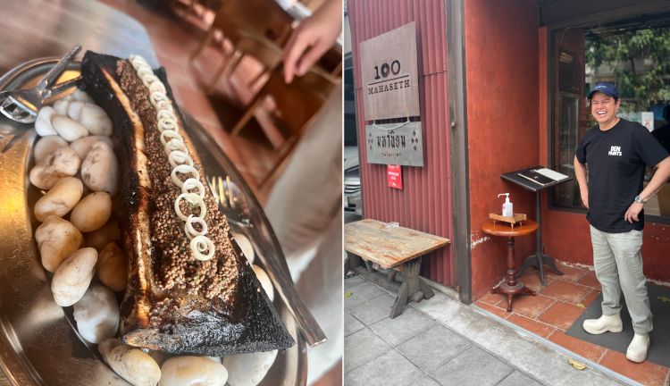 Chalee Kader, cuoco e imprenditore, cui davanti all'ingresso di 100 Mahaset, cucina nose-to-tail. Accanto, il suo midollo piastrato