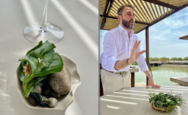 Alofite e ricci di mare
A sinistra, un sandwich di alofite (piante che prosperano in ambienti ad alta concentrazione salina) e ricci di mare. A destra, Carlos Leon illustra il terzo bite che verrà: Gamberetti e lattuga di mare. Gli avannotti di gamberetti sono offerti all'ospite vivi, appena pescati e saltellanti da una cesta
