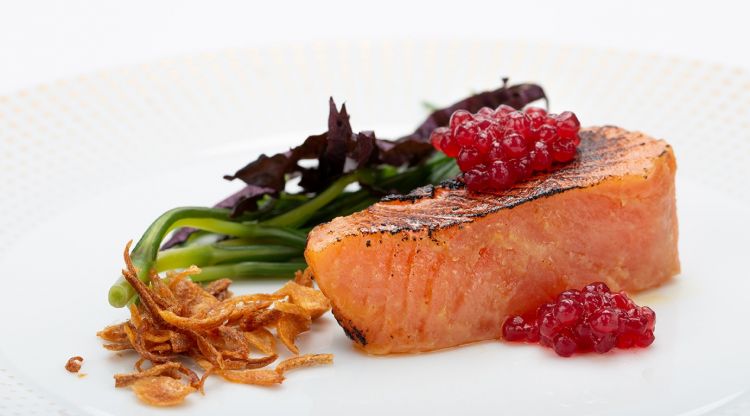 Ora King salmon, marinated with miso and ginger, sago starch with beetroot, agretti, crispy shallot 
