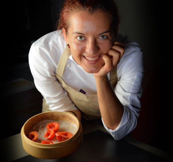 Federica Scolta with orecchiette made with red pepper