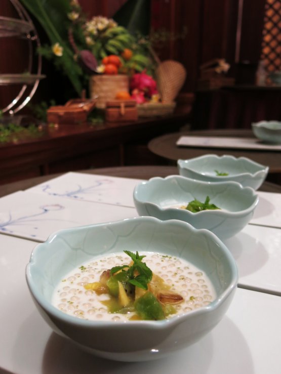 Eugenio Boer’s dessert: Tapioca pearls soup with almond milk, fruit salad and healing herbs