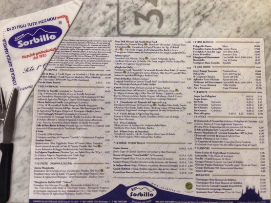 La tovaglietta/menu classica delle pizzerie Sorbillo