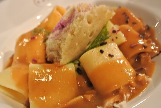 Monograno Felicetti Paccheri with sea beans and chanterelle mushrooms, the first course at the gala dinner at Identità New York 2014 on Friday October 10th. They were presented and prepared by Davide Scabin and Vitantonio Lombardo