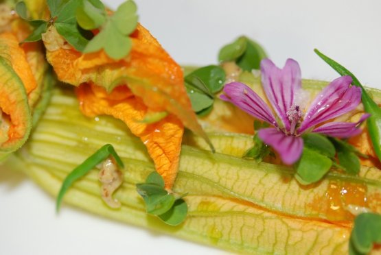 Un particolare del Fiore di zucchina affumicato e la nostra senape, uno dei due piatti presentati da Antonia Klugmann al primo Vegan Cuisine Contest internazionale organizzato a Milano