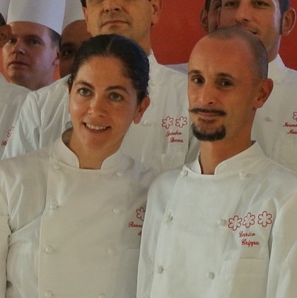 Rosanna Marziale, neostellata chef del ristorante Le Colonne a Caserta, il giorno della presentazione della Michelin 2013 assieme con Enrico Crippa del Piazza Duomo di Alba in Piemonte