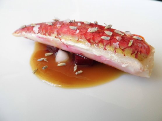 Mullet with a stock made with toasted hazelnuts, radishes, beets and lavender