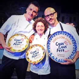 Daniela Cicioni, al centro nella foto dei finalisti dell'anteprima del Cous Cous Fest tra Enrico Panero e Andrea Provenzani, darà vita a una cena vegana il 17 giugno da Alice Ristorante a Eataly Milano