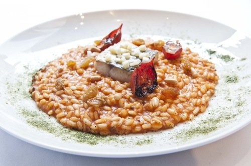 Il super-risotto di Apreda: risotto Riserva San Massimo mantecato con passata di pomodoro bio Oilalà