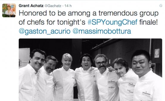 Il tweet di Grant Achatz (secondo da destra) sull'avventura come giurato della S.Pellegrino Young Chef di venerdì scorso