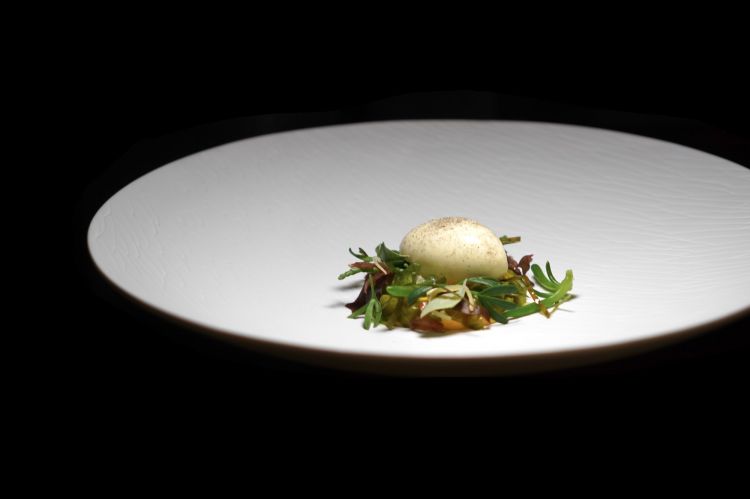 Alghe, erbe di Laguna, olivello spinoso e mandorle. &laquo;Qui&nbsp;hai un dessert dove tutto l'elemento da masticare arriva dal mondo vegetale. &Egrave; un viaggio spazio-temporale che ti porta dalla montagna al mare, ma ti porta anche indietro di centinaia di migliaia di anni, perch&eacute; biologicamente le alghe e i licheni sono antichissimi&raquo;. C'&egrave; un quid di dolcezza di troppo, per noi
