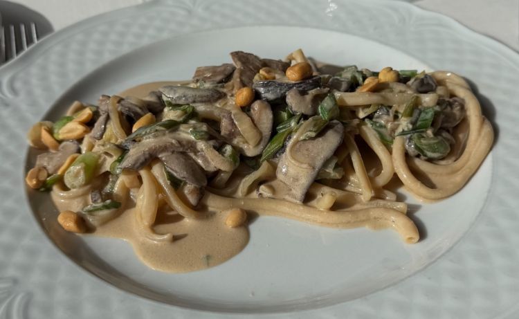 Bucatini Thai con funghi shiitake freschi, cipollotti, salsa dan dan, arachidi tostate e semi di sesamo