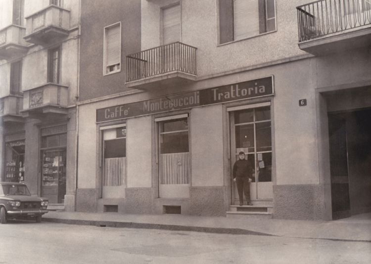 Caffè Montecuccoli trattoria, this was the very sign of the Moronis’ in 1962 when they took over the license of the restaurant in Via Montecuccoli in Milan
