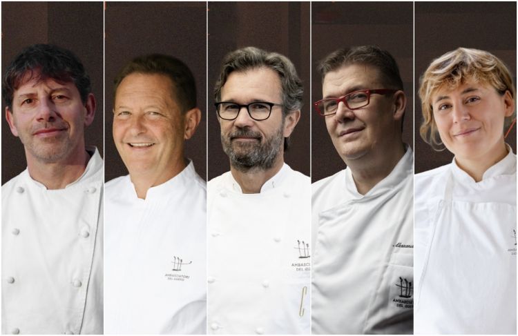 Alcuni dei relatori al convegno Futura 2026: da sinistra Cesare Battisti, Chicco Cerea, Carlo Cracco, Alessandro Gilmozzi, Antonia Klugmann
