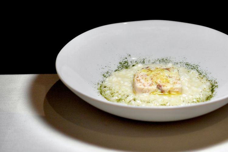 Risotto al sidro, testa in cassetta di luccio: riso Vialone Nano mantecato all’aceto di sambuco e alloro, testa in cassetta di luccio, pepe e polvere di alloro. In accompagnamento Albariño Reserva 2016 di Bodega Garzon (Uruguay)