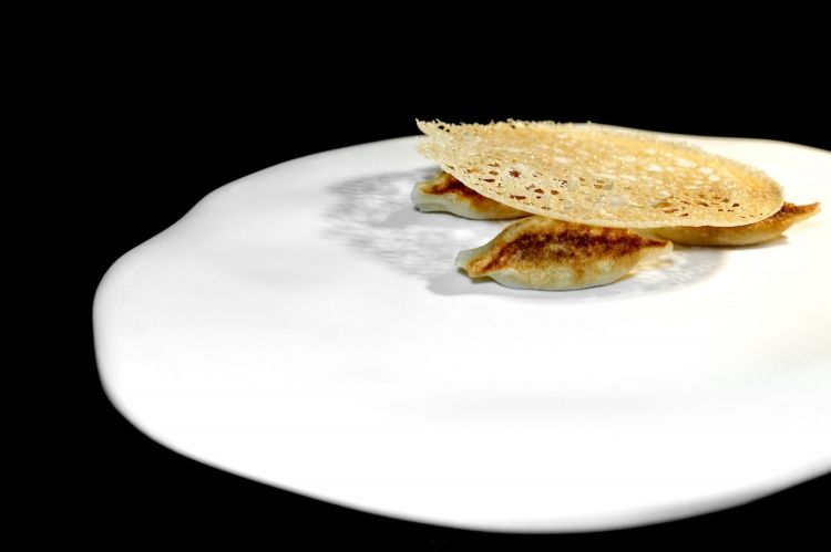 Che delizia questi Gyoza, sponsali, foie gras, salsa all'essenza di cipolla arrosto e alici
