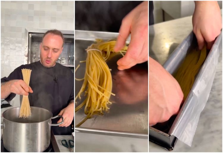 Le varie fasi di lavorazione dello Spaghetto 'ncastagnatu, zafferano e ragù di triglia: qui la cottura della pasta che poi viene disposta in uno stampo. Lo spaghetto è detto 'ncastagnatu perché la pasta diventa croccante e abbrustolita, il termine deriva dalla parola "castagna" (il colore marroncino e la consistenza dura della buccia o della castagna arrostita richiamano proprio l'aspetto della crosta)