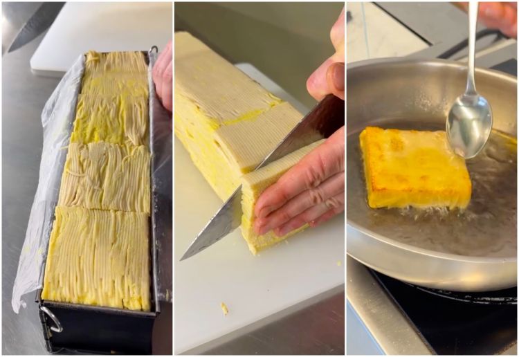 La mattonella di spaghetti viene tagliata e fritta...