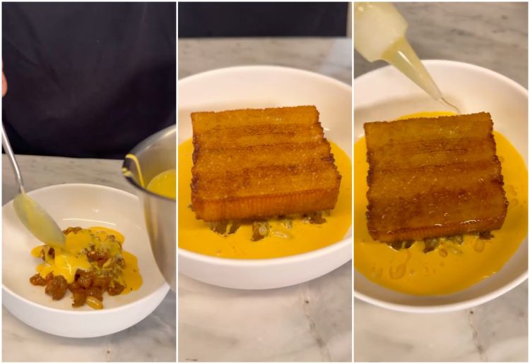 ...infine adagiata su un ragù di triglia con pinoli, uvetta e finocchietto, condita con vellutata di pesce allo zafferano e infine lucidata con un filo di olio di sesamo