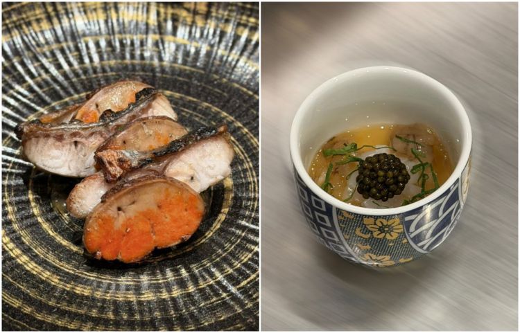 A sinistra, Anguilla con fegato di rana pescatrice in rete di maiale, erbe stufate e chinotto. A destra,Chawanmushi di&nbsp;canocchie con caviale e seppia
