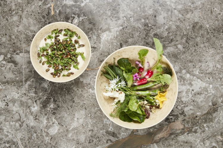 Creamy beans with butter, pumpkin seeds and cooked and raw vegetables, one of the dishes at Angelika, the new plant-based temporary restaurant of Geranium. The menu includes 8-9 dishes and costs 650 Danish krowns (around 90 euros). Photo Claes Bech-Poulsen
