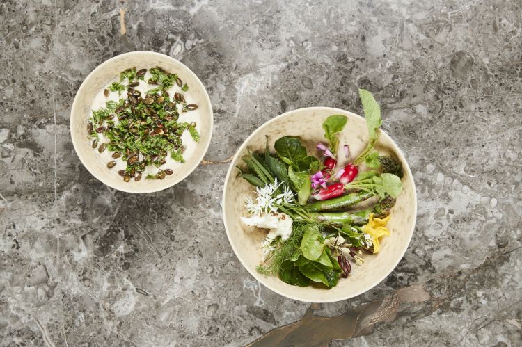 Creamy beans with butter, pumpkin seeds and cooked and raw vegetables, one of the dishes at Angelika, the new plant-based temporary restaurant of Geranium. The menu includes 8-9 dishes and costs 650 Danish krowns (around 90 euros). Photo Claes Bech-Poulsen
