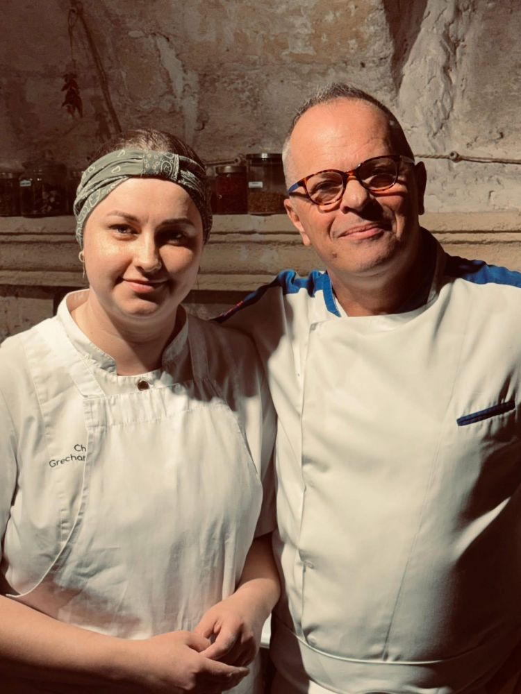 Roberto Armaroli from Bologna, owner of Antica Cantina in Odesa, with his chef Anna Grechana