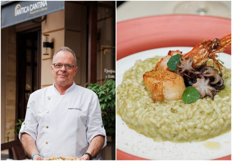 Armaroli with a risotto from Antica Cantina. We spoke to him a few days ago; the previous night had been brutal for Odesa — even the city’s historic Pryvoz market, where he usually sources peak-season fruit and vegetables, had been hit