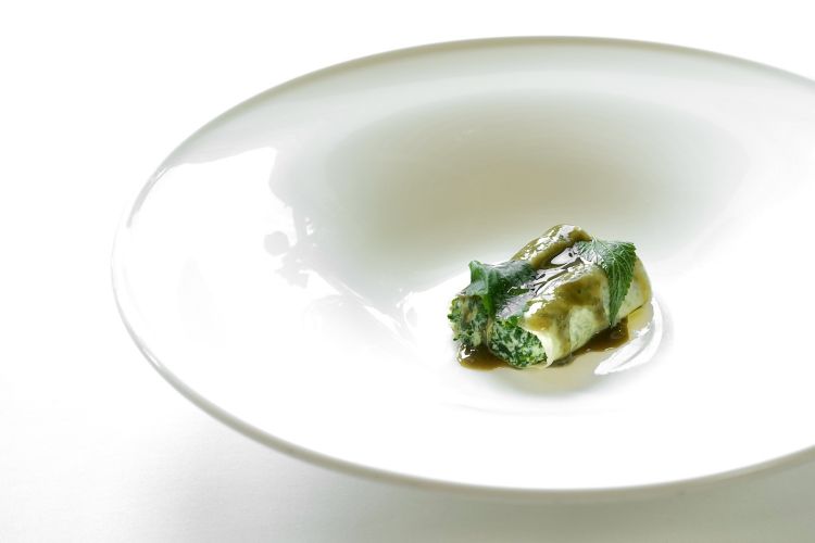 Cannelloni filled with cow’s milk ricotta and chicory, glazed with nettles and fake nettles. Above, a nettle leaf
