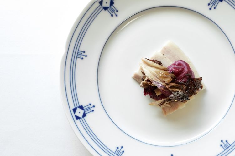 Boiled pork belly with rosemary, sweet and sour radicchio, roasted radicchio and liquorice
