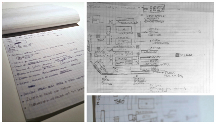 Davide Oldani's notes: during the three months at elBulli: he noted down everything, from the dishes (on the left) to how kitchen and dining room were arranged, on the right