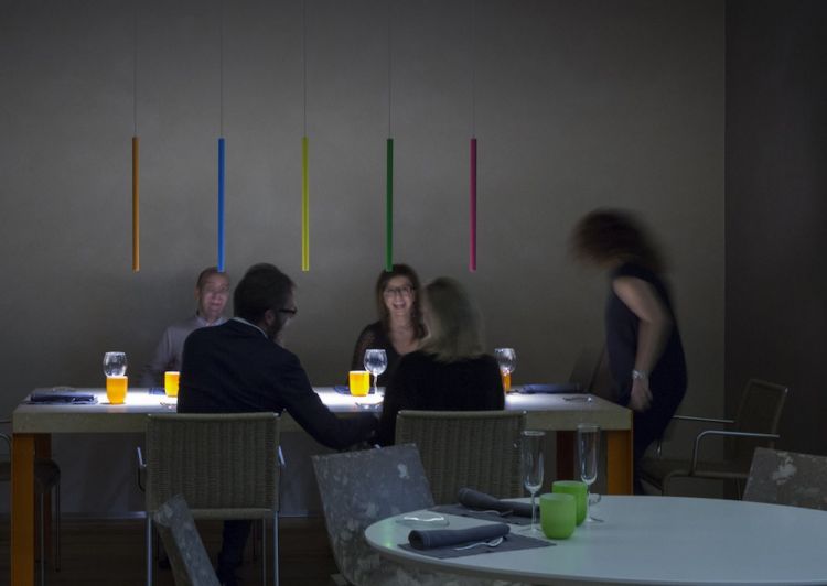 Some Miss lamps at Giuliano Baldessari’s Aqua Crua near Vicenza. The lamps are customised with colours designed by Groppi together with the chef
