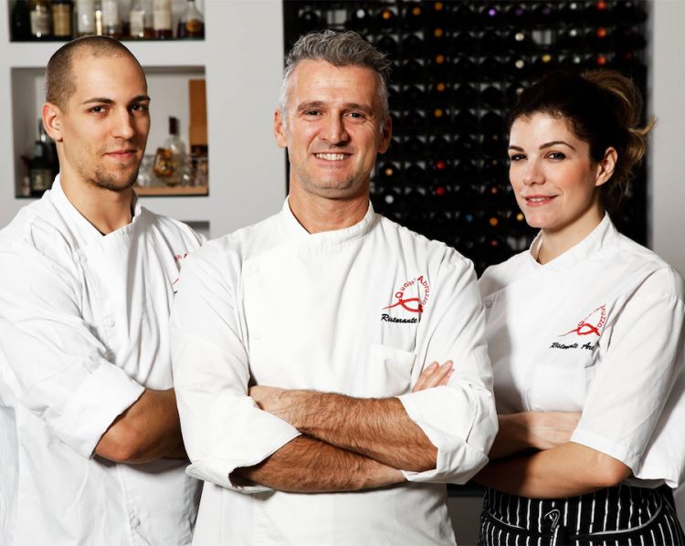 The front line at Arca in Alba Adriatica, Teramo, left to right: Edoardo Massari, Massimiliano Capretta and his sister and pastry chef Dalila Capretta
