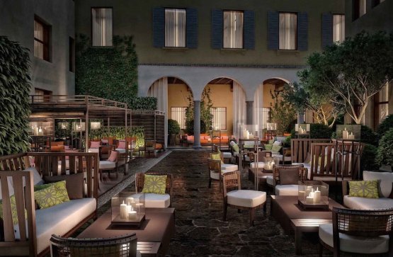 The rendering of the courtyard of the bar-bistro