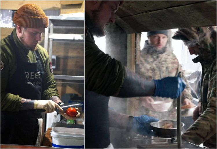 A former Beef cook now feeds his fellow soldiers at a military camp — still wearing his apron branded "Beef"